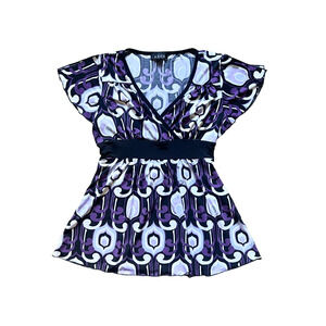Vtg Y2K A. Byer Babydoll Top L Purple Geometric Slinky Fairy Groovy Whimsigoth